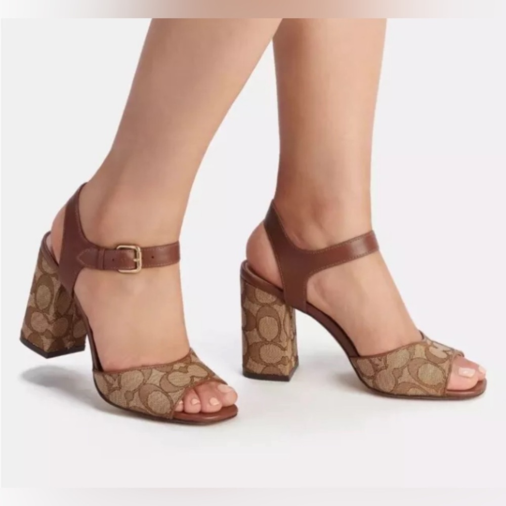 Coach Women Marla In Signature Jacquard Logo Sandals Block Heel Khaki Sz 10 NWB